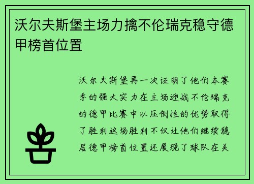 沃尔夫斯堡主场力擒不伦瑞克稳守德甲榜首位置