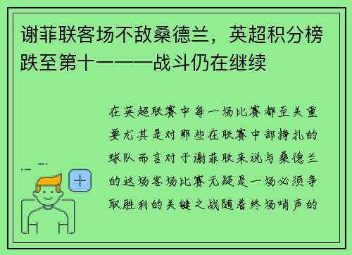 谢菲联客场不敌桑德兰，英超积分榜跌至第十一——战斗仍在继续