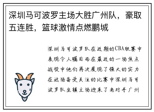 深圳马可波罗主场大胜广州队，豪取五连胜，篮球激情点燃鹏城
